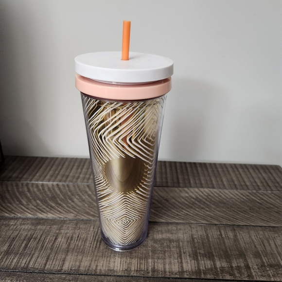 Starbucks Gold Dot Diamond Squiggly Lines Large Cold Cup Tumbler Lid Straw 24 oz - Picture 7 of 8